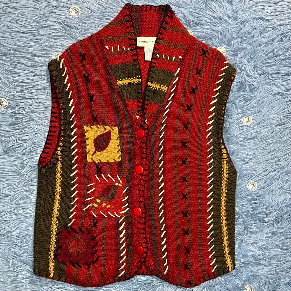 VINTAGE Fall Leaf Crotchet Cardigan Vest Size Medium Women’s Outdoor Cute 90s